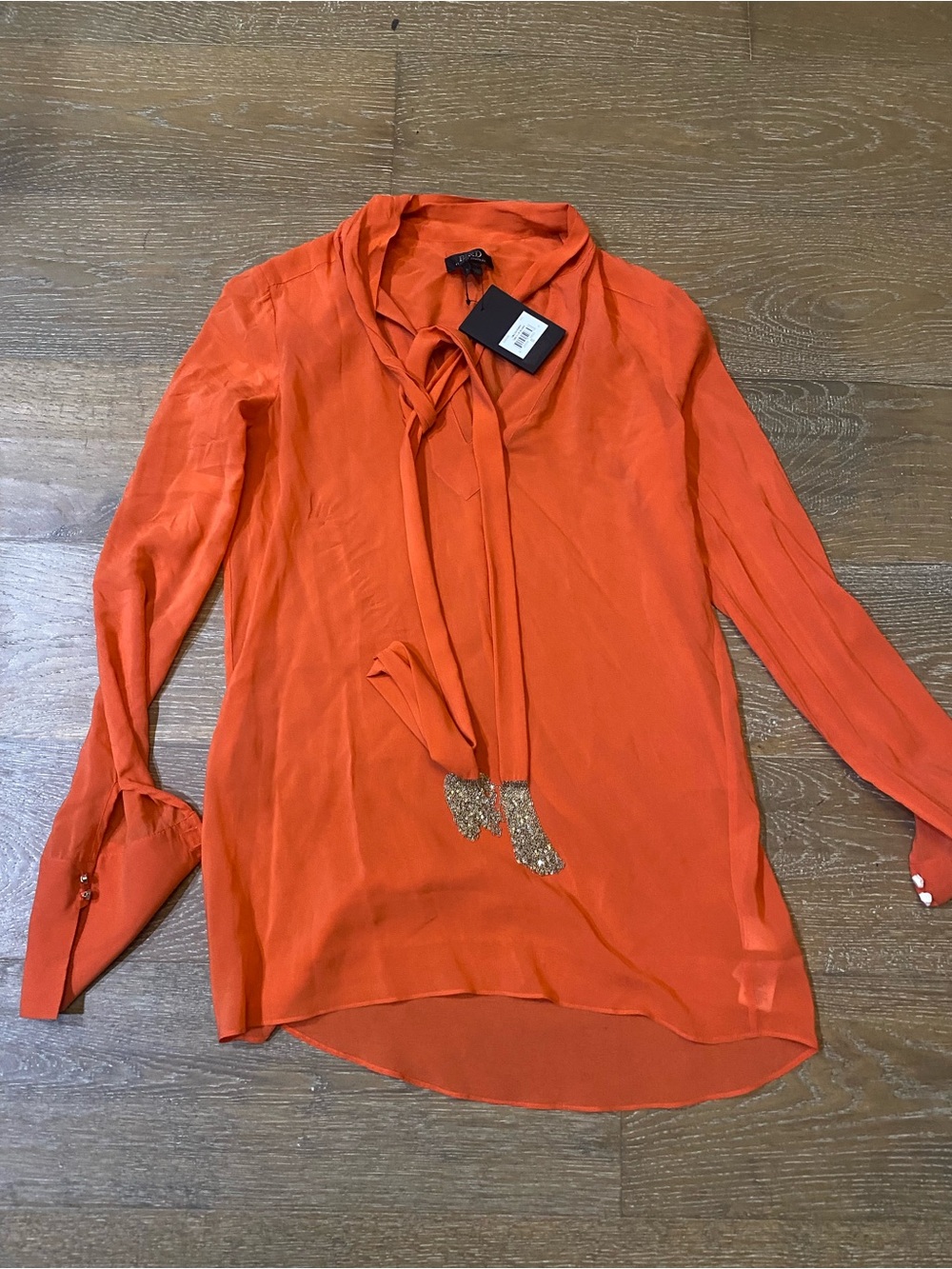 NWT Bird Juicy Couture Vintage 90s Y2K Orange Red Silk Gold Fringe Blouse Top S